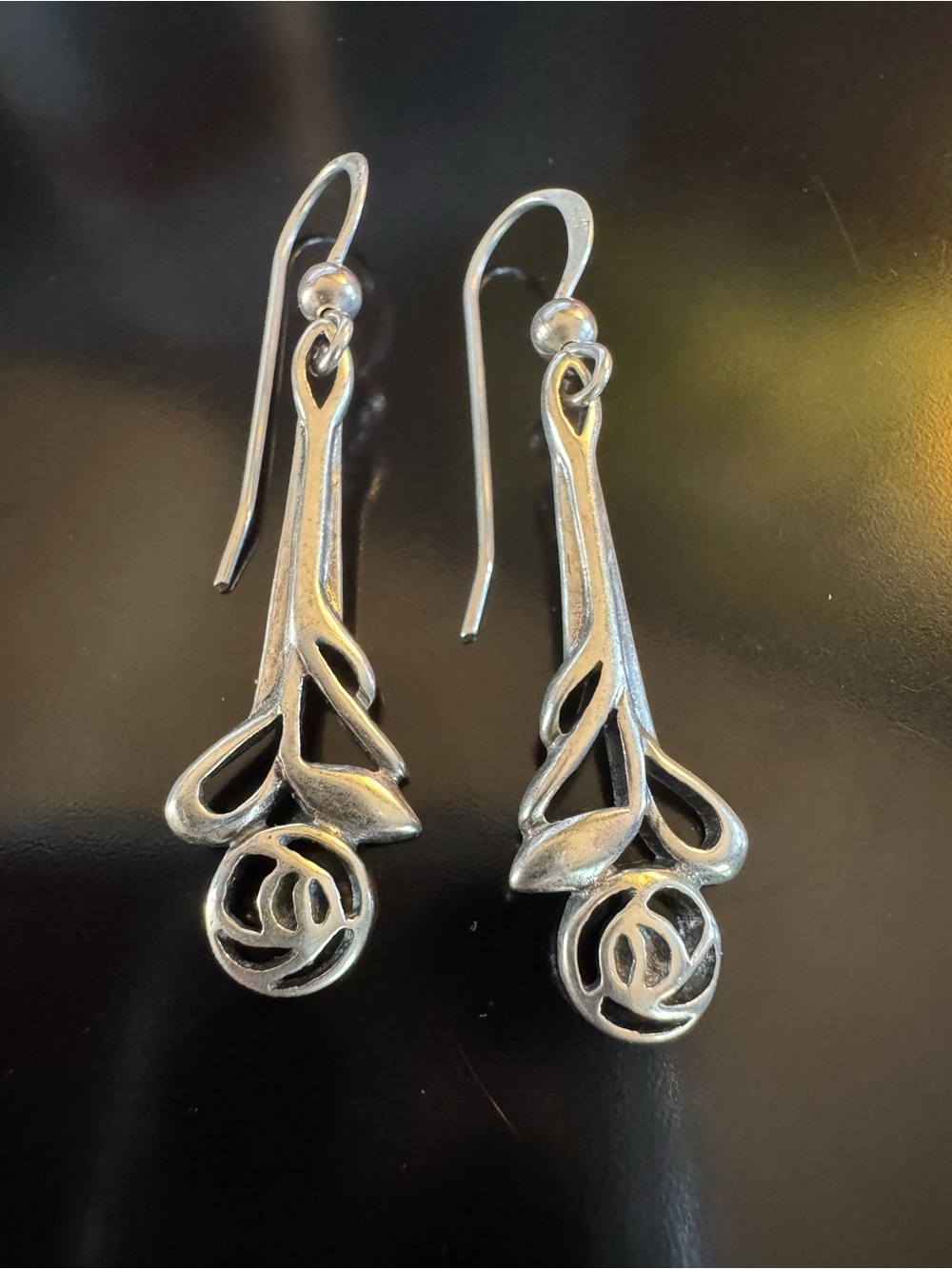 Artisan Sterling Silver Abstract Rose Drop Earrings - KH-OS 925 - Modernist